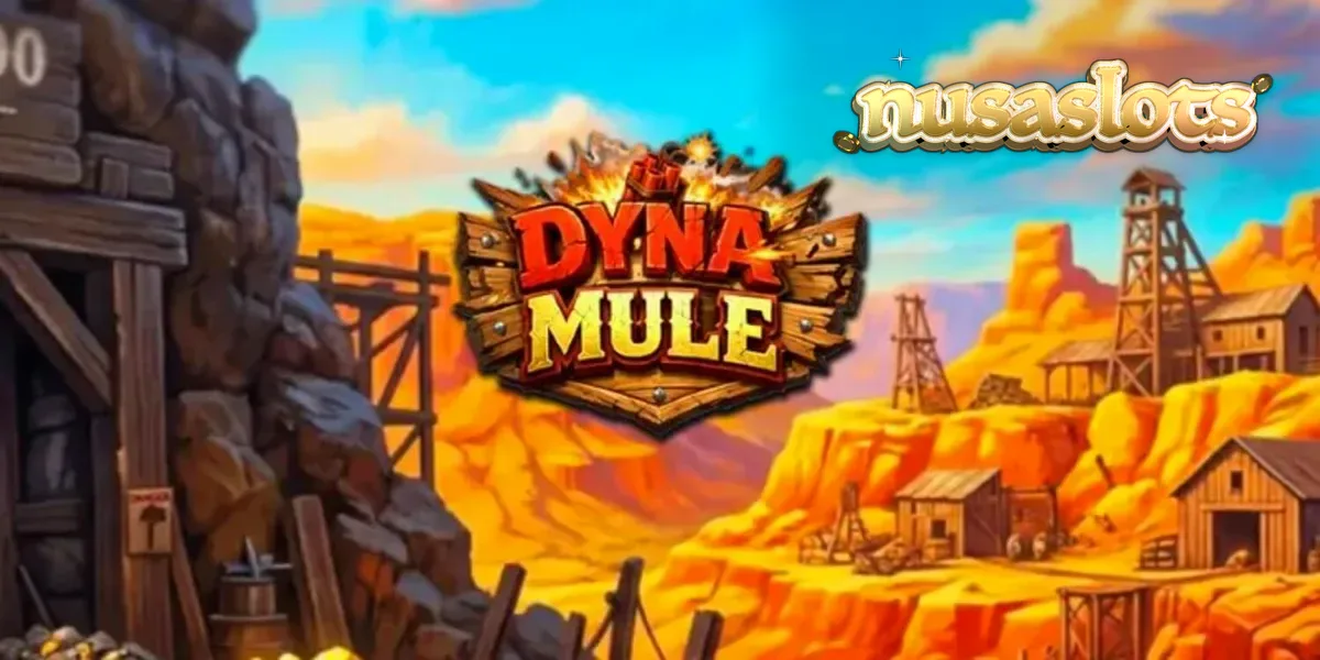 Tampilan visual slot Dyna Mule dengan latar belakang tambang dan simbol-simbol mekanis.
